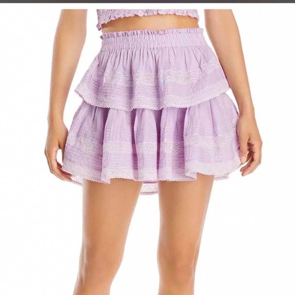 LoveShackFancy Ruffle Mini Skirt Lavender Purple Tie Dye Lace Trim Tiered Small